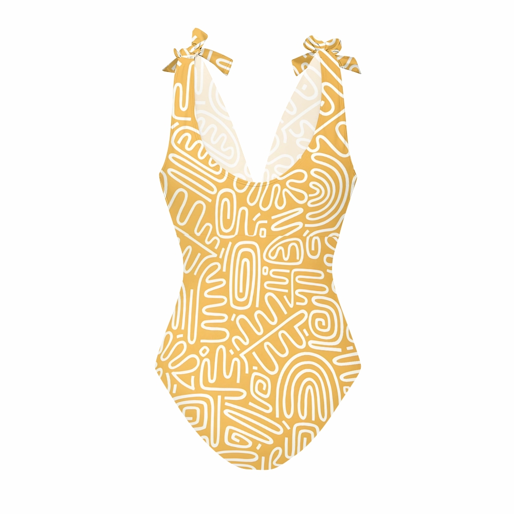 Abstract Line geometric Print One-Piece Swimsuit with Matching Maxi Skirt