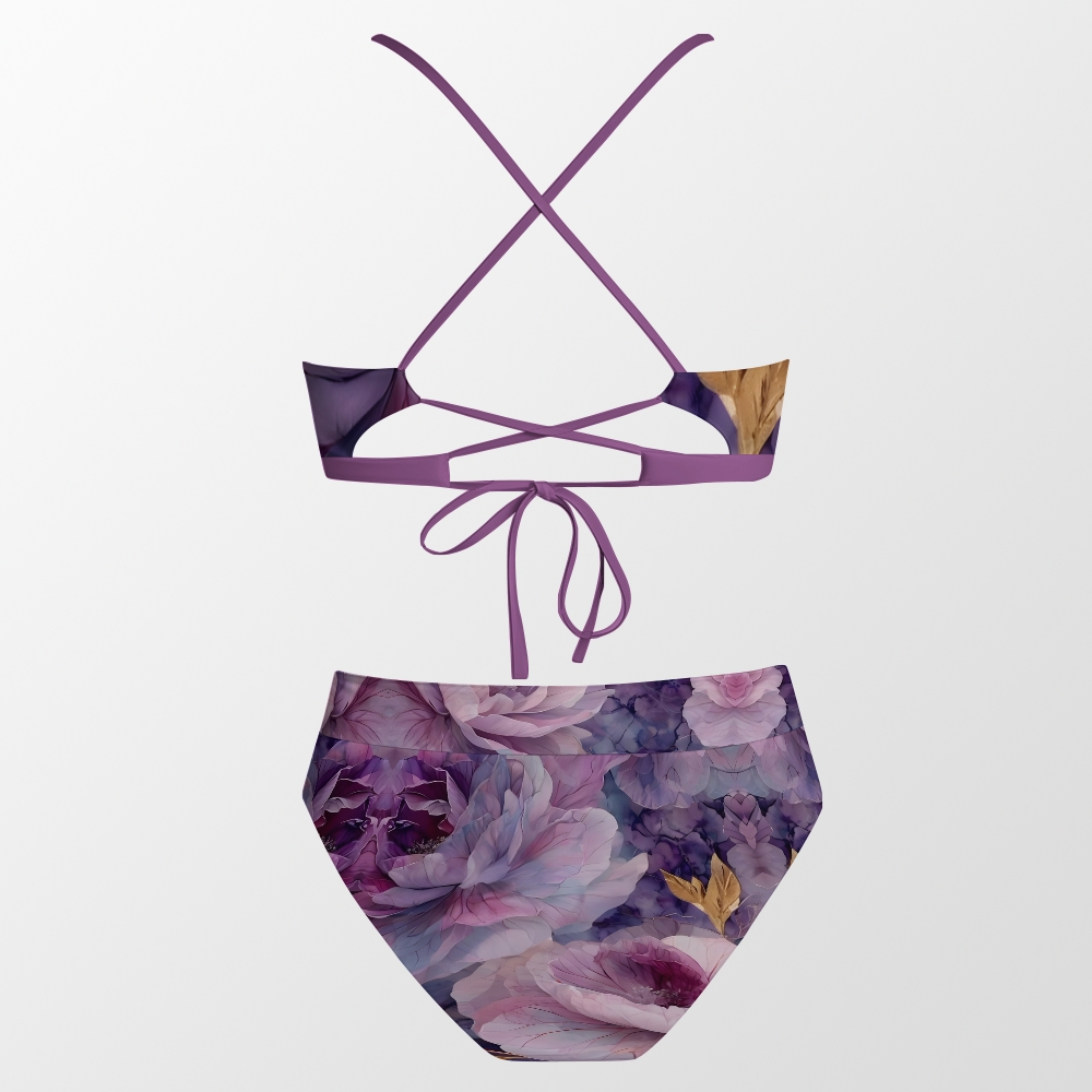 Artistic Floral Crisscross Bikini Set with Matching Tiered Maxi Skirt