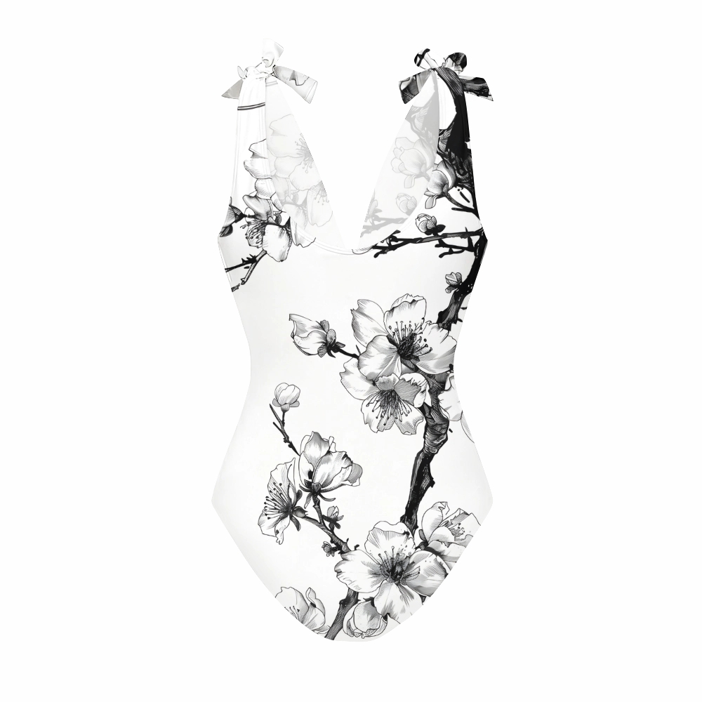 Oriental Ink Blossom One-Piece Swimsuit with Tiered Maxi Skirt