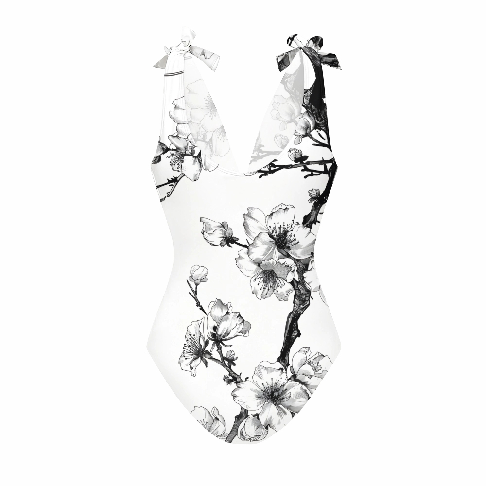 Oriental Ink Blossom One-Piece Swimsuit with Tiered Maxi Skirt