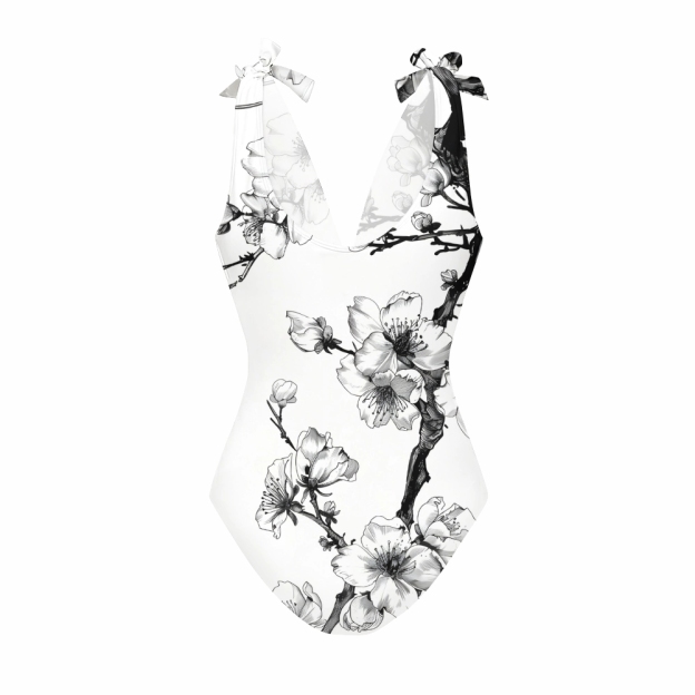 Oriental Ink Blossom One-Piece Swimsuit with Tiered Maxi Skirt