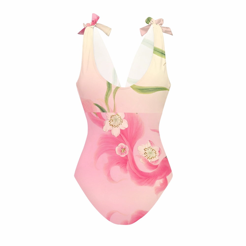 Oriental Koi and Water Lily Swimsuit with Lotus Tiered Maxi Skirt