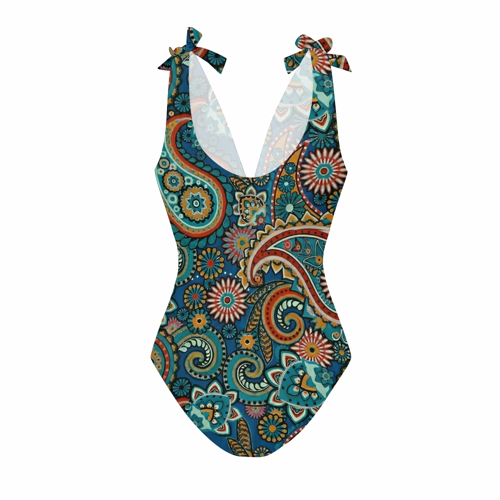 Boho Paisley Ethnic One-Piece Swimsuit with Tiered Maxi Skirt