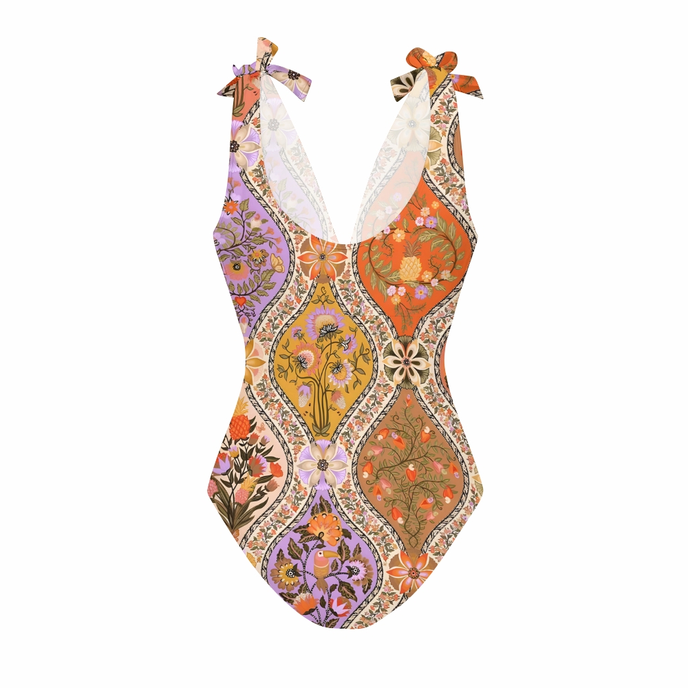 Boho Patchwork One-Piece Swimsuit with Matching Tiered Maxi Skirt