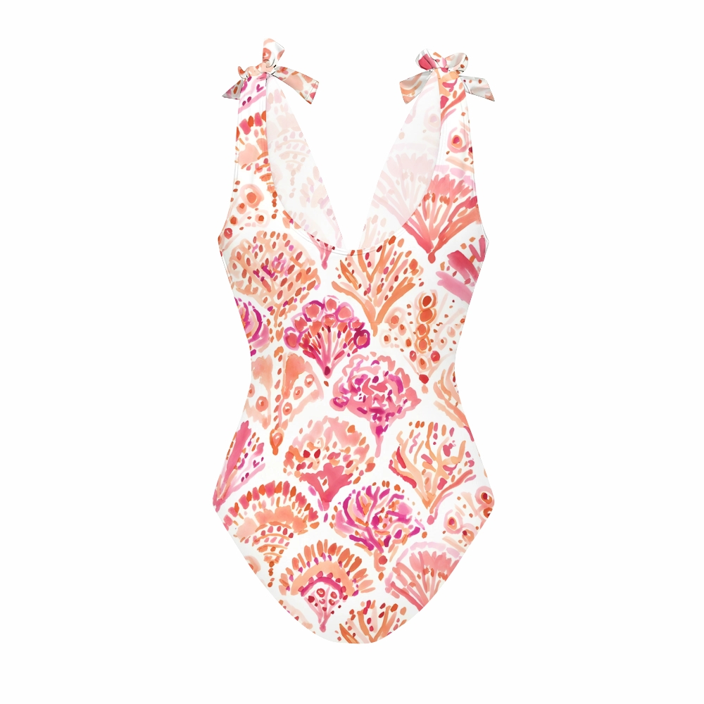 Tropical Coral Bloom One-Piece Swimsuit with Tiered Maxi Skirt