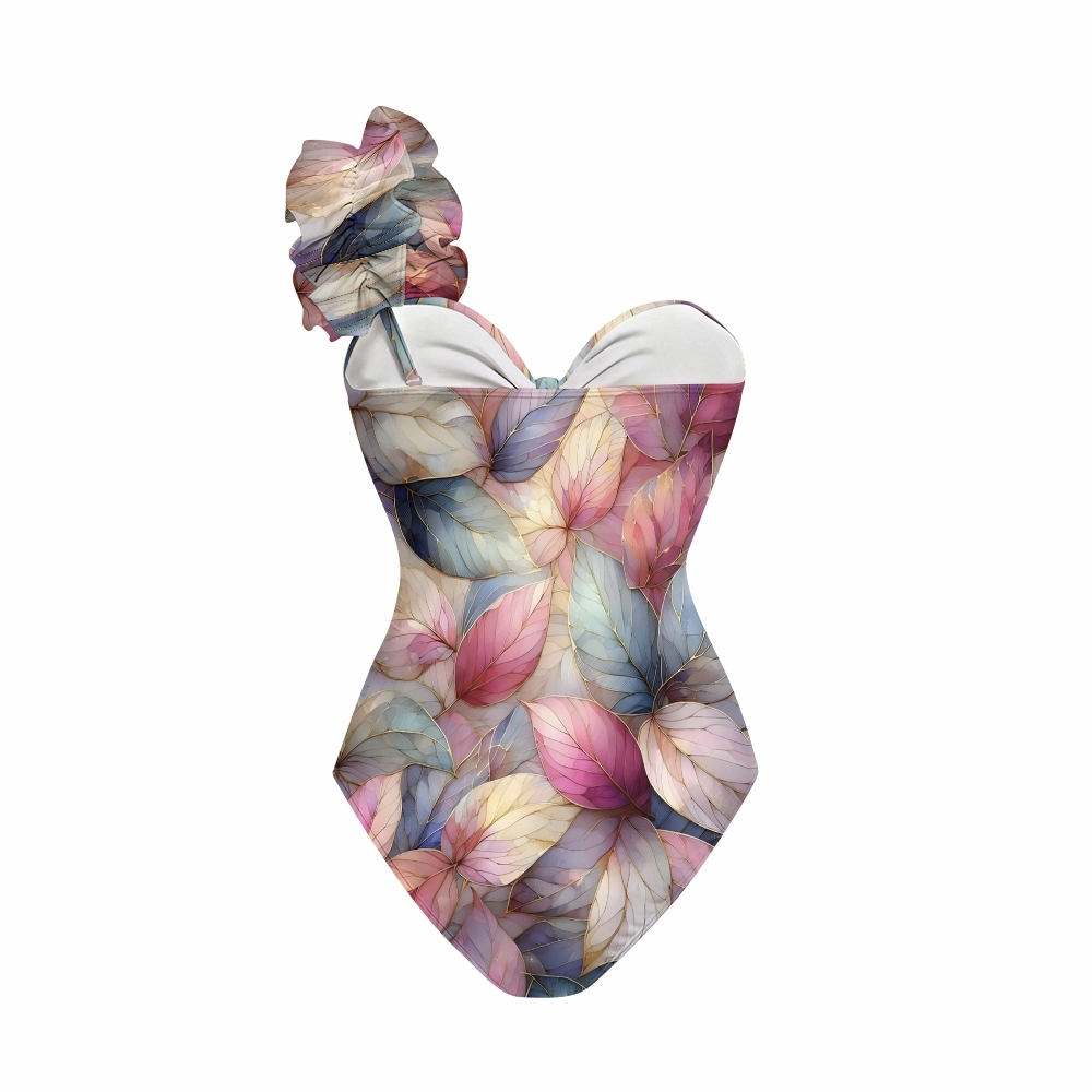 Multicolor Leaf Print One-Piece Swimsuit with Tiered Maxi Skirt