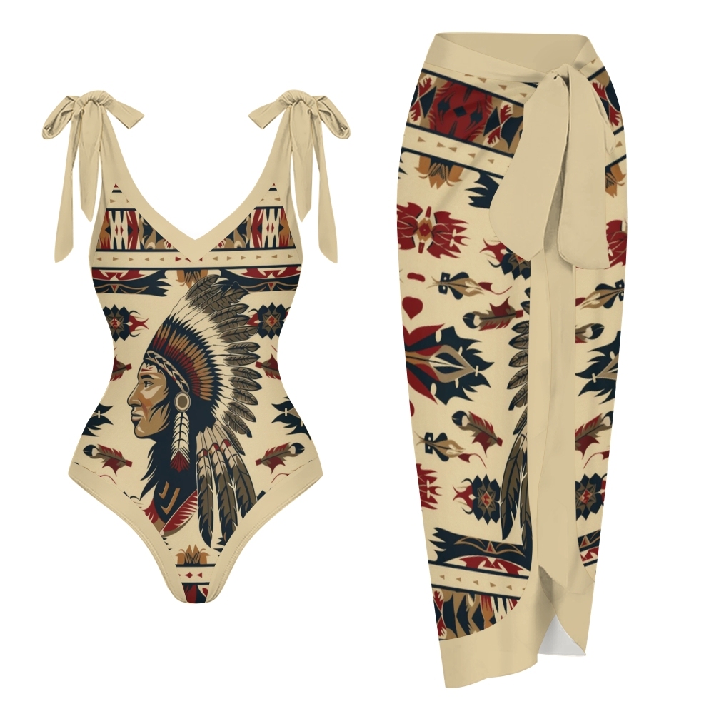 Women's Vintage Native American Pattern One-Piece Swimsuit and Matchin