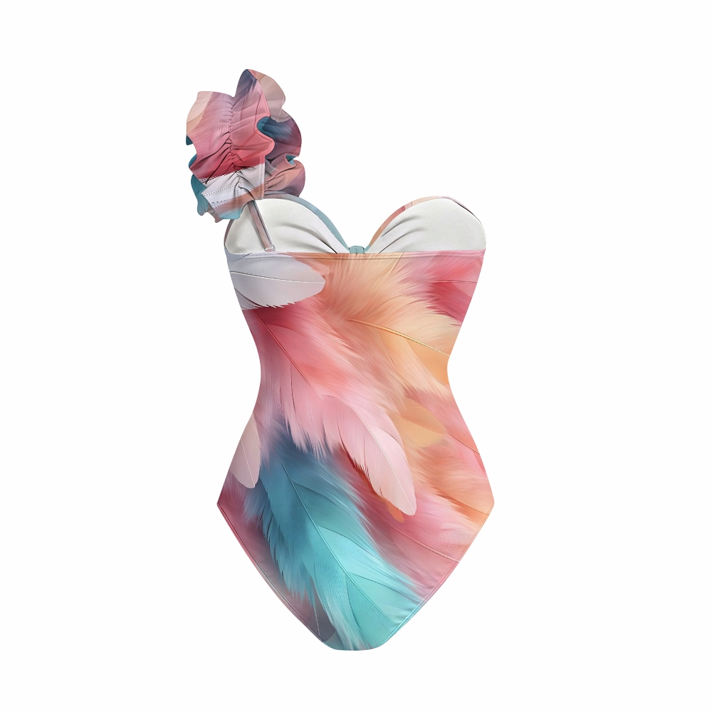 Feather Print One-Piece One-Shoulder Cut-Out Swimsuit with Tiered Maxi Skirt