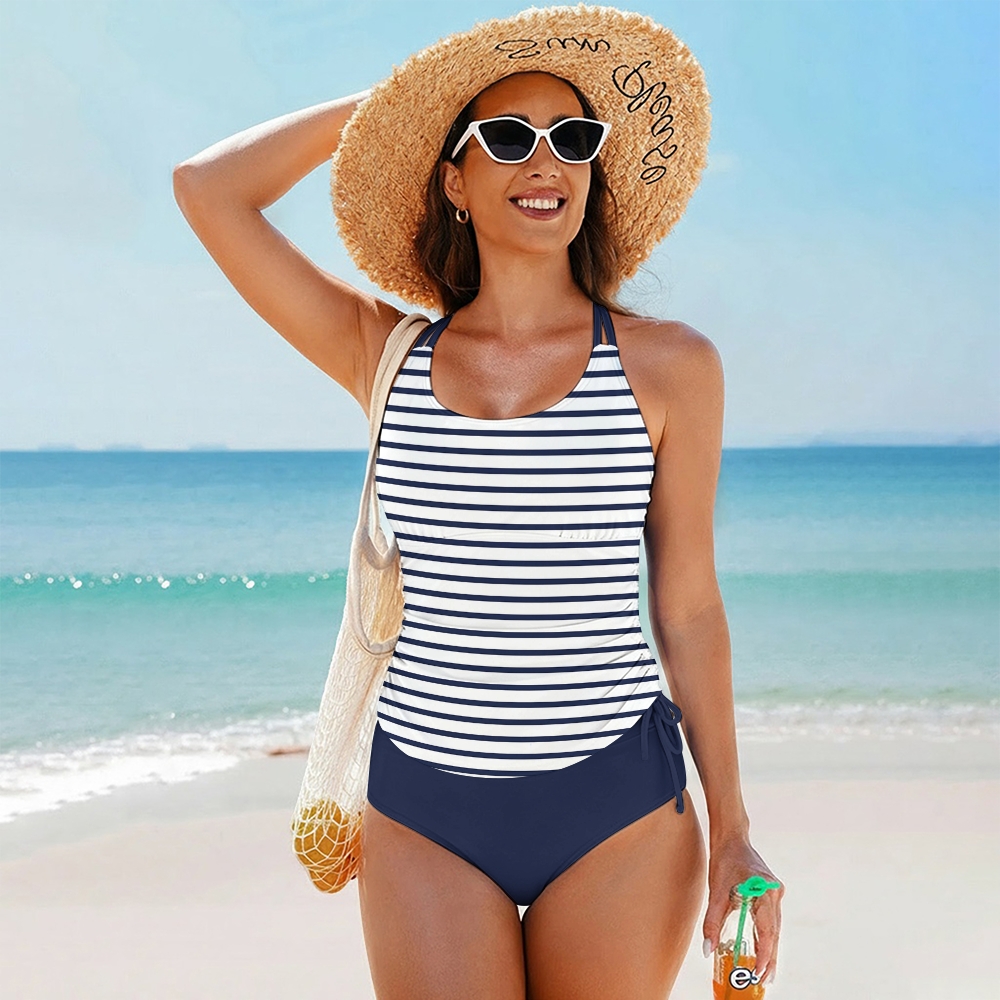 Navy Stripe Tankini Top and Side Tie Bikini Bottom Two Piece Set