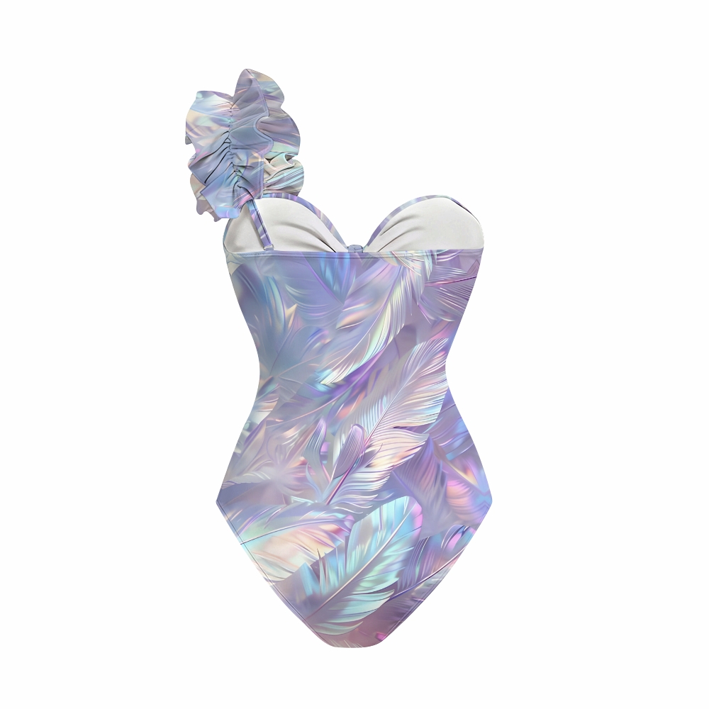 Dreamy Feather One-Shoulder One-Piece Swimsuit with Tiered Maxi Skirt