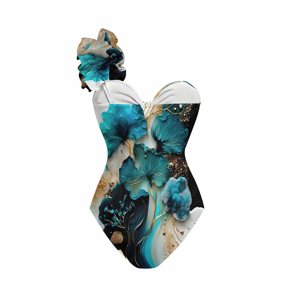 Artistic Floral One-Shoulder Cut-Out One-Piece Swimsuit with Tiered Maxi Skirt