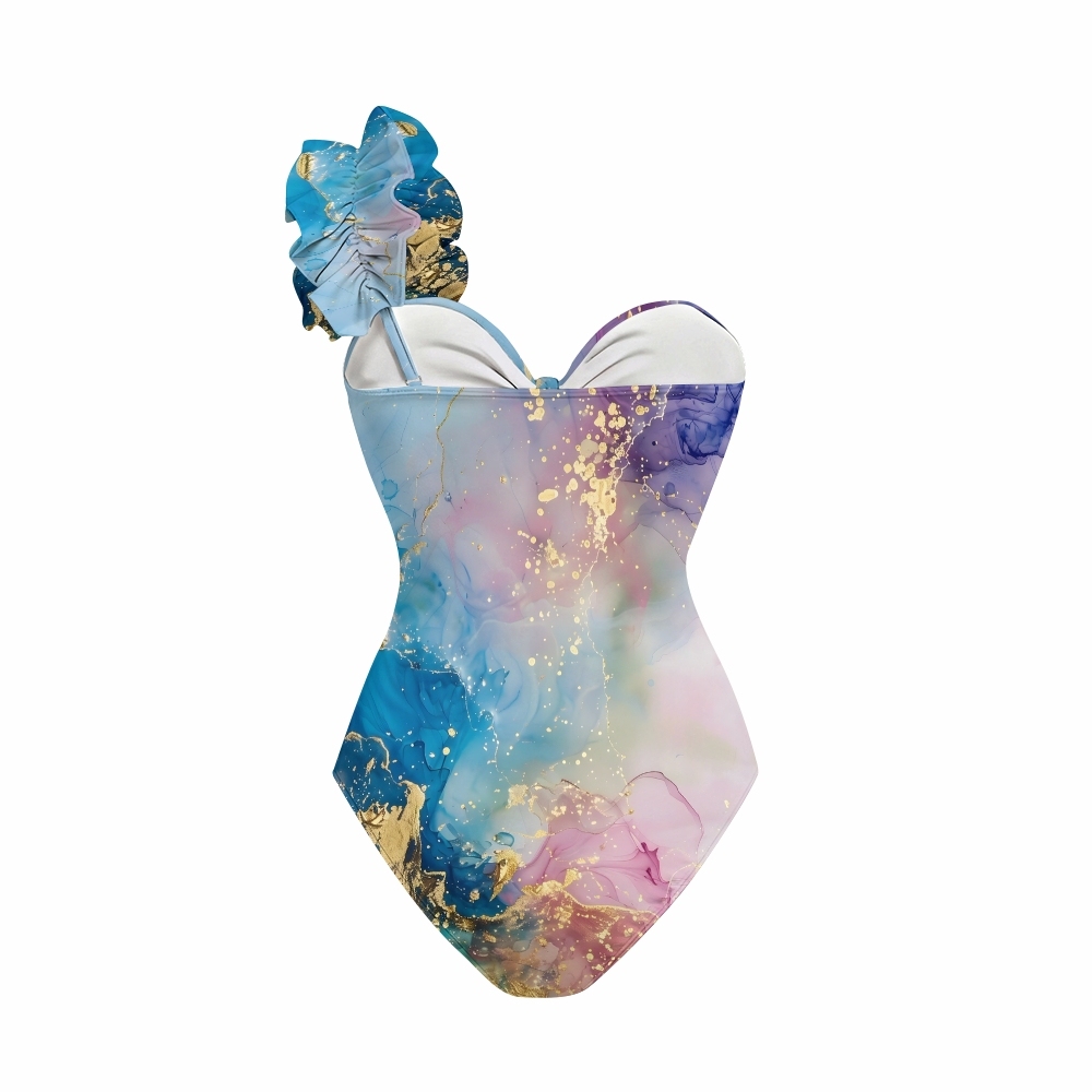 Pastel Splash One-Shoulder Cut-Out One-Piece Swimsuit with Tiered Maxi Skirt