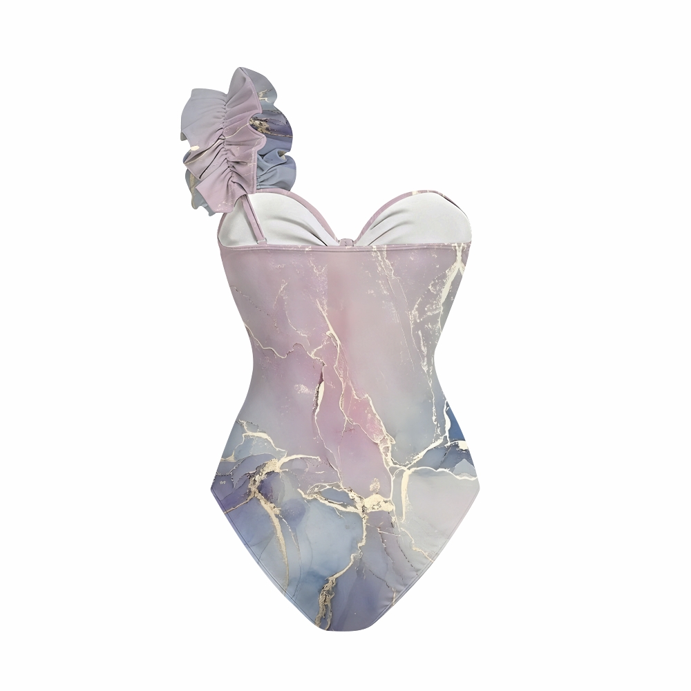 Artistic Marble Print One-Shoulder Cut-Out One-Piece Swimsuit with Tiered Maxi Skirt