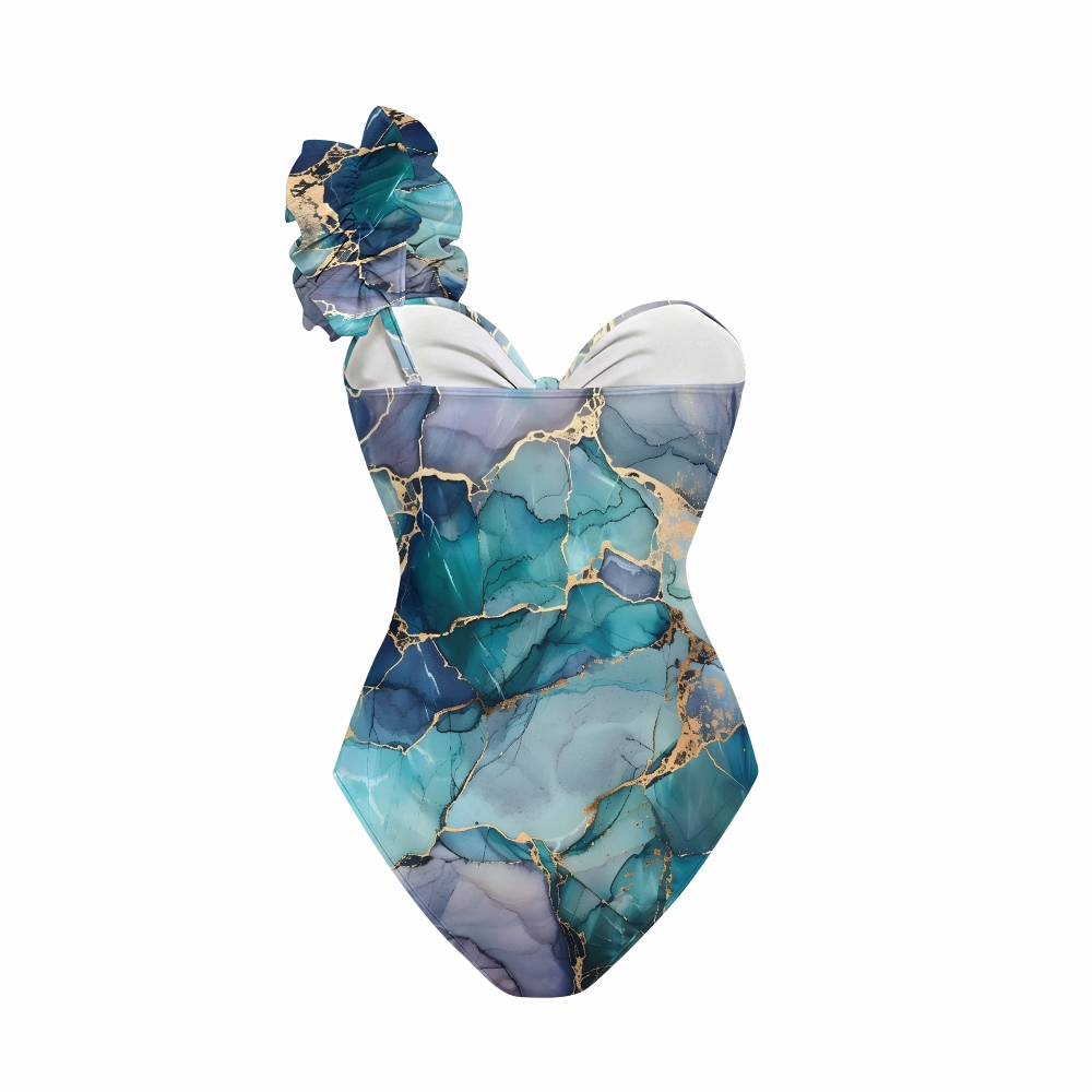 Geode Marble One-Shoulder Cut-Out One-Piece Swimsuit with Tiered Maxi Skirt