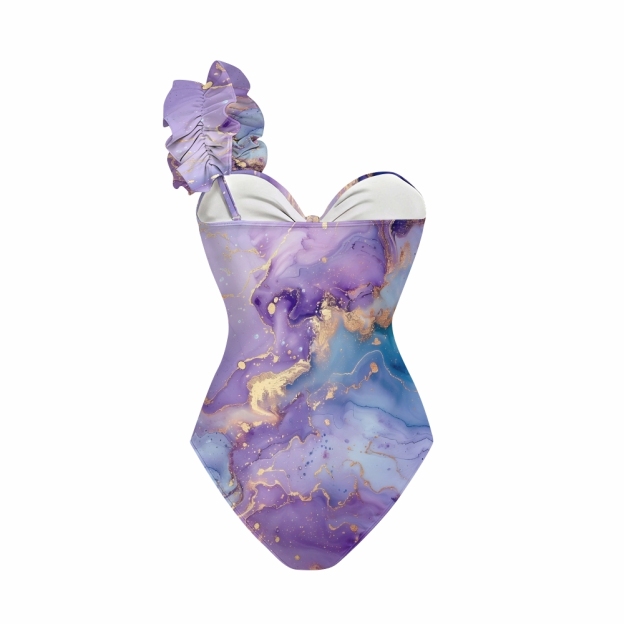 Fluid Art Print One-Shoulder Cut-Out One-Piece Swimsuit with Tiered Maxi Skirt