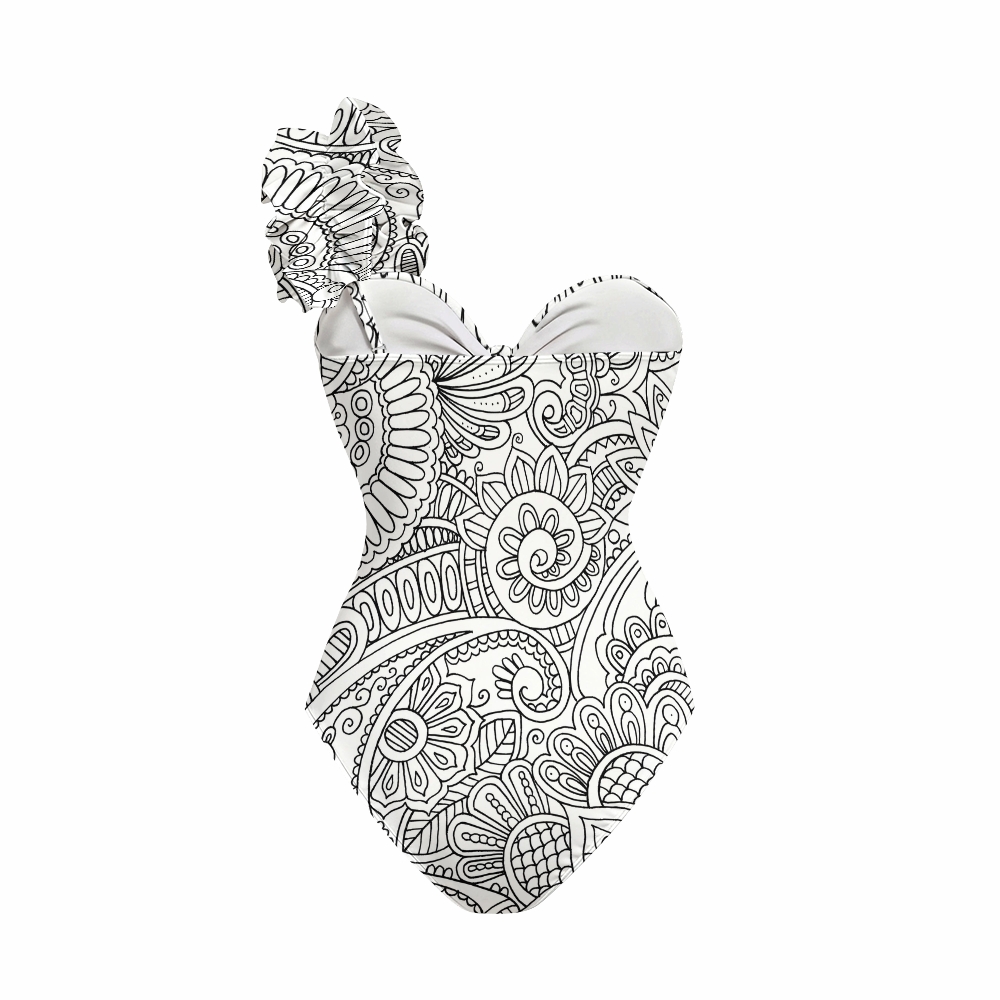 Boho Paisley Print One-Shoulder Cut-Out One-Piece Swimsuit with Tiered Maxi Skirt