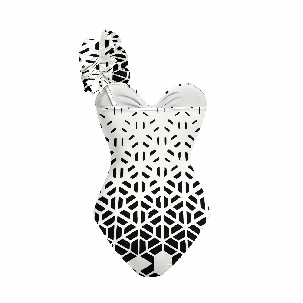 Geometric Hexagon Print One-Shoulder Cut-Out One-Piece Swimsuit with Tiered Maxi Skirt