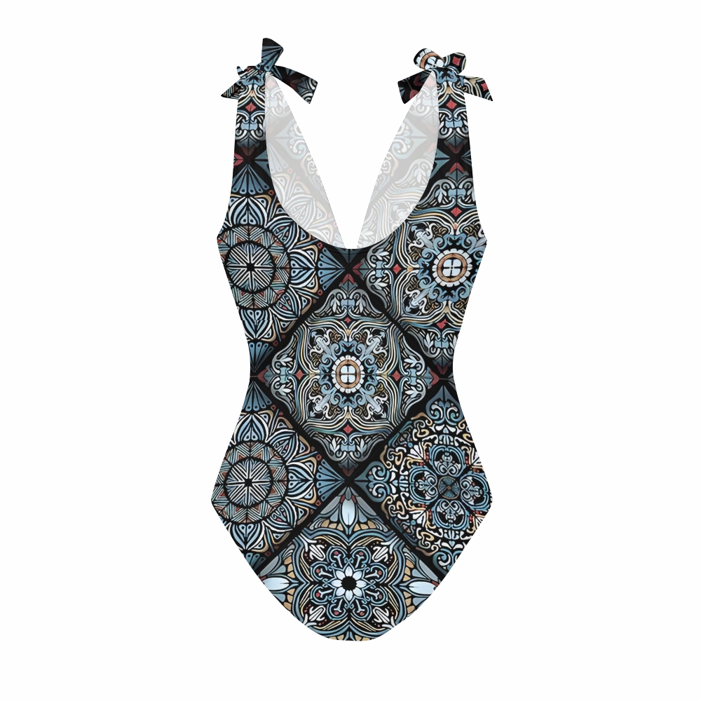 Boho Mandala-Inspired One-Piece Swimsuit with Tiered Maxi Skirt