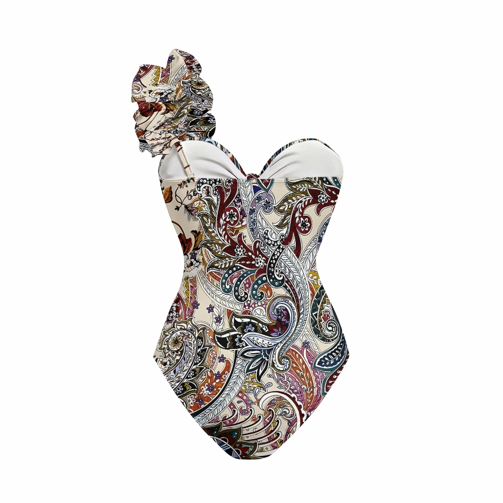 Boho Paisley Print One-Shoulder Cut-Out One-Piece Swimsuit with Tiered Maxi Skirt
