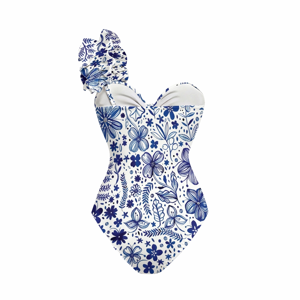 Botanical Print One Shoulder Cut-Out One-Piece Swimsuit with Matching Maxi Skirt