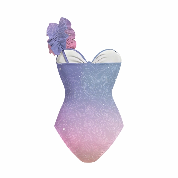 Gradient Celestial One Shoulder Cut Out One Piece Swimsuit with Tiered Maxi Skirt