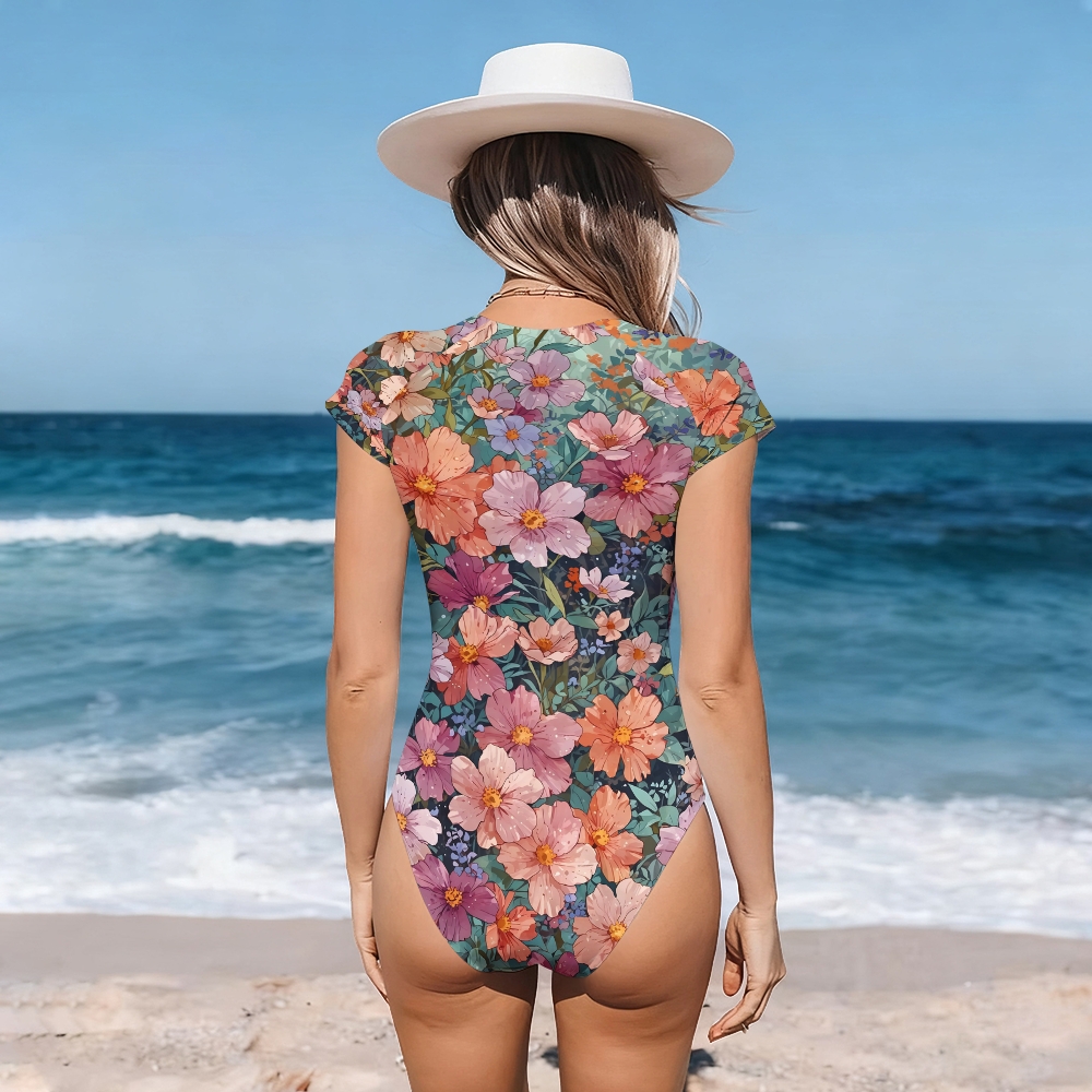 Tropical Floral Zip Front One Piece Swimsuit with Short Sleeves