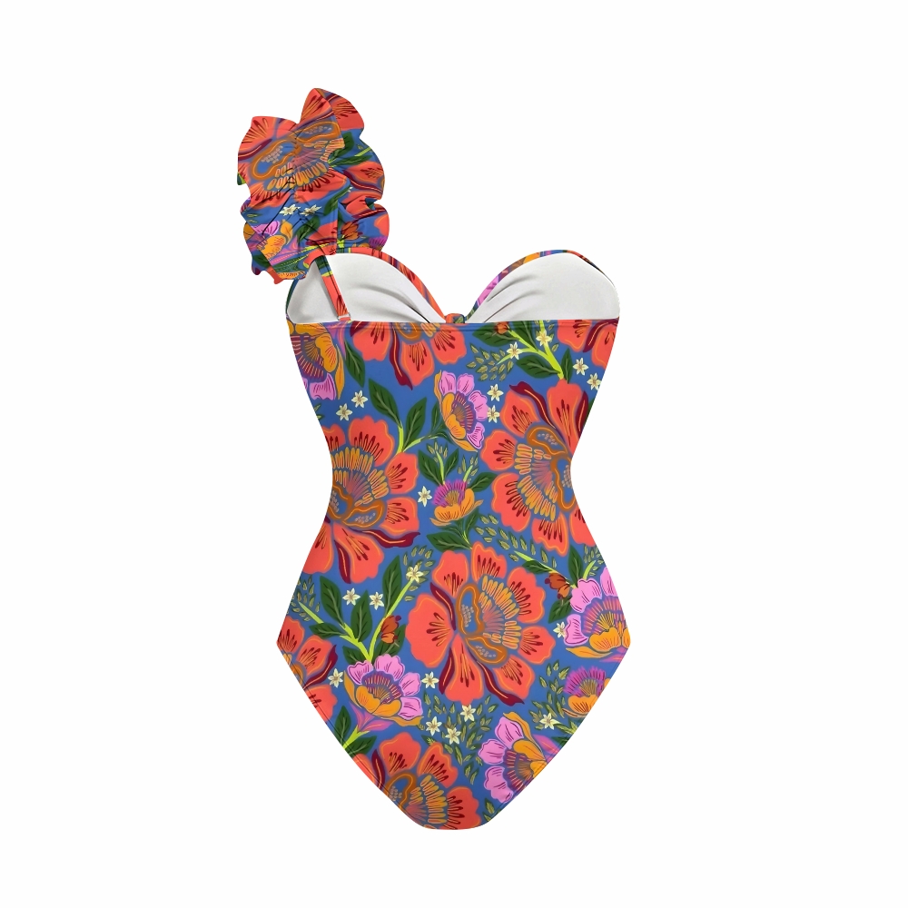 Tropical Print One Shoulder Cut Out One Piece Swimsuit with Tiered Maxi Skirt