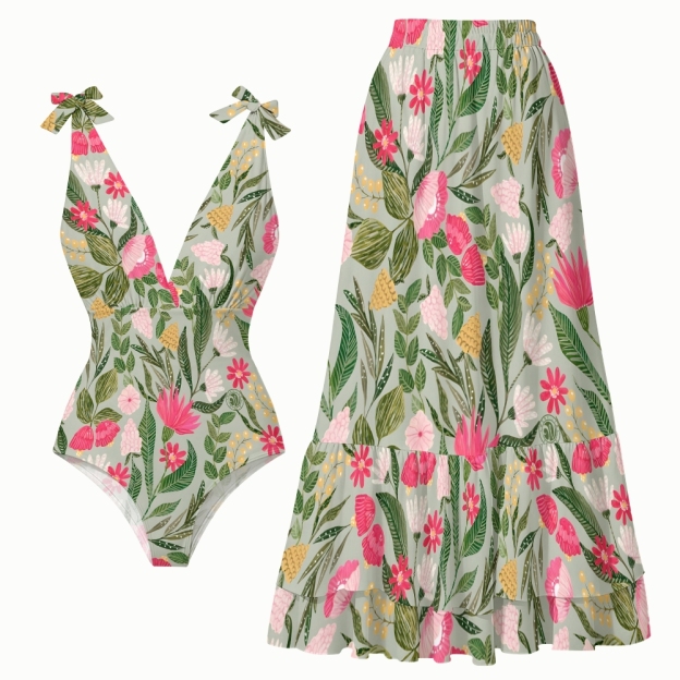 Tropical Botanical Bow Strap One Piece Swimsuit and Tiered Maxi Skirt Set