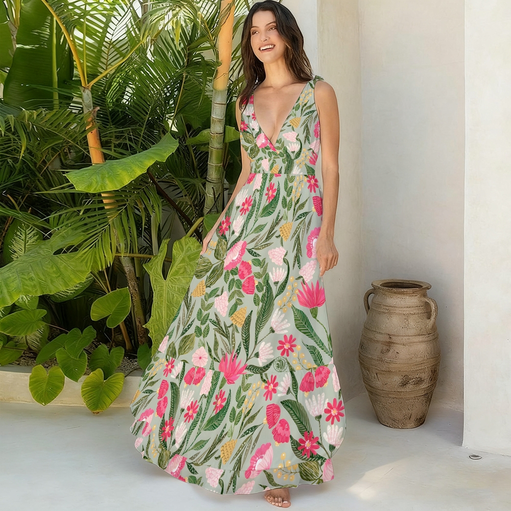 Tropical Botanical Bow Strap One Piece Swimsuit and Tiered Maxi Skirt Set