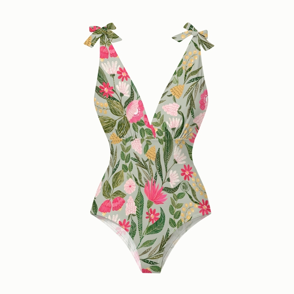 Tropical Botanical Bow Strap One Piece Swimsuit and Tiered Maxi Skirt Set