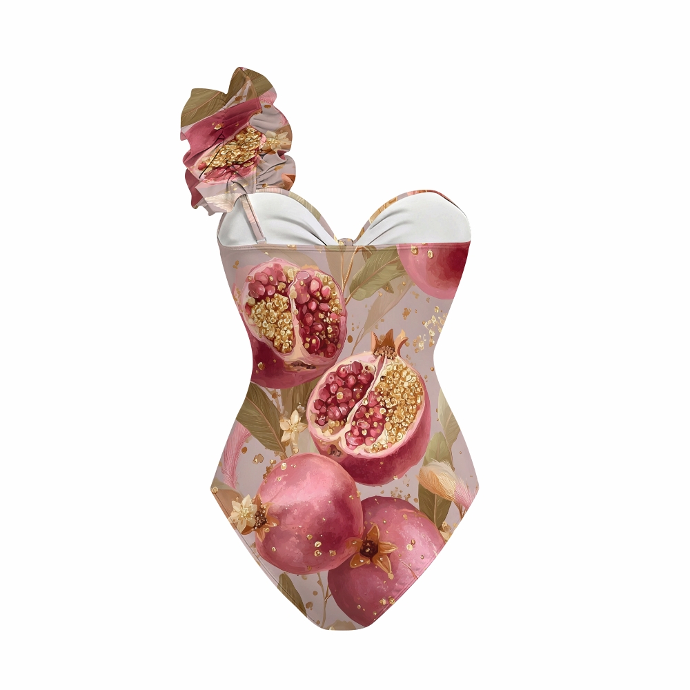 Pomegranate Print One Shoulder Cut-Out One-Piece Swimsuit and Tiered Skirt Set