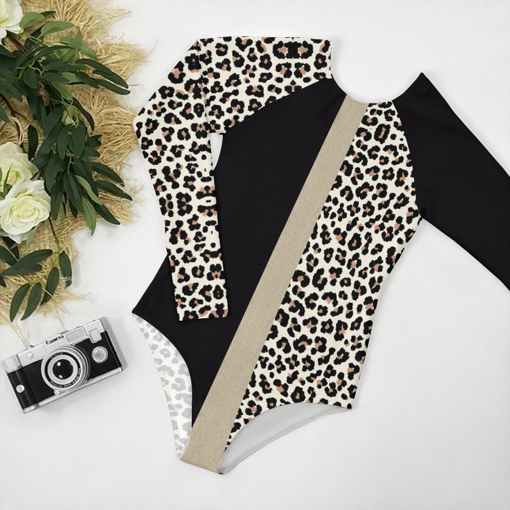 Women's Leopard Patchwork Print Long sleeves One-Piece Swimsuit