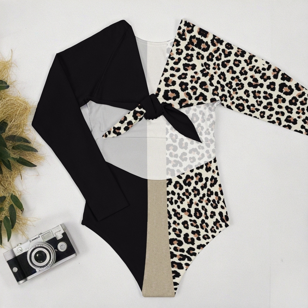 Women's Leopard Patchwork Print Long sleeves One-Piece Swimsuit