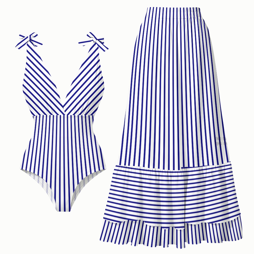 Women's Blue Stripe Print One-Piece Swimsuit with Skirt