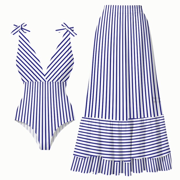 Women's Blue Stripe Print One-Piece Swimsuit with Skirt