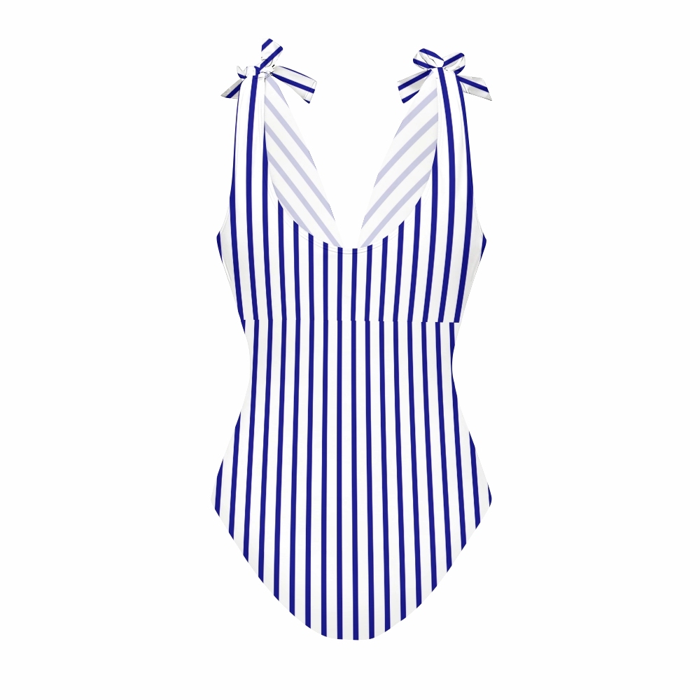Women's Blue Stripe Print One-Piece Swimsuit with Skirt
