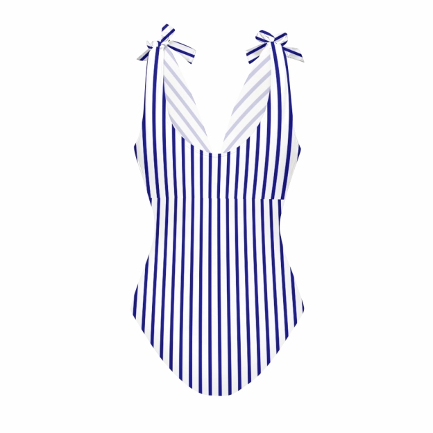 Women's Blue Stripe Print One-Piece Swimsuit with Skirt