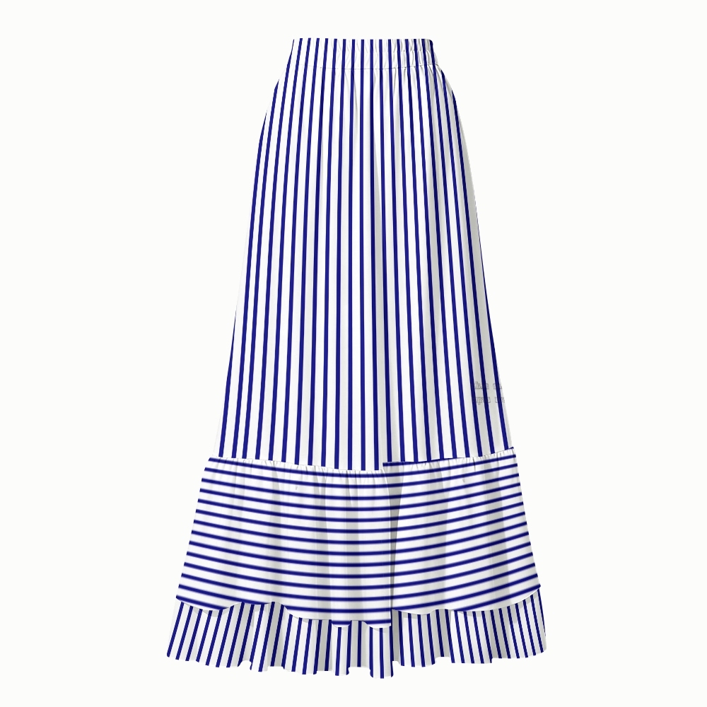 Women's Blue Stripe Print One-Piece Swimsuit with Skirt