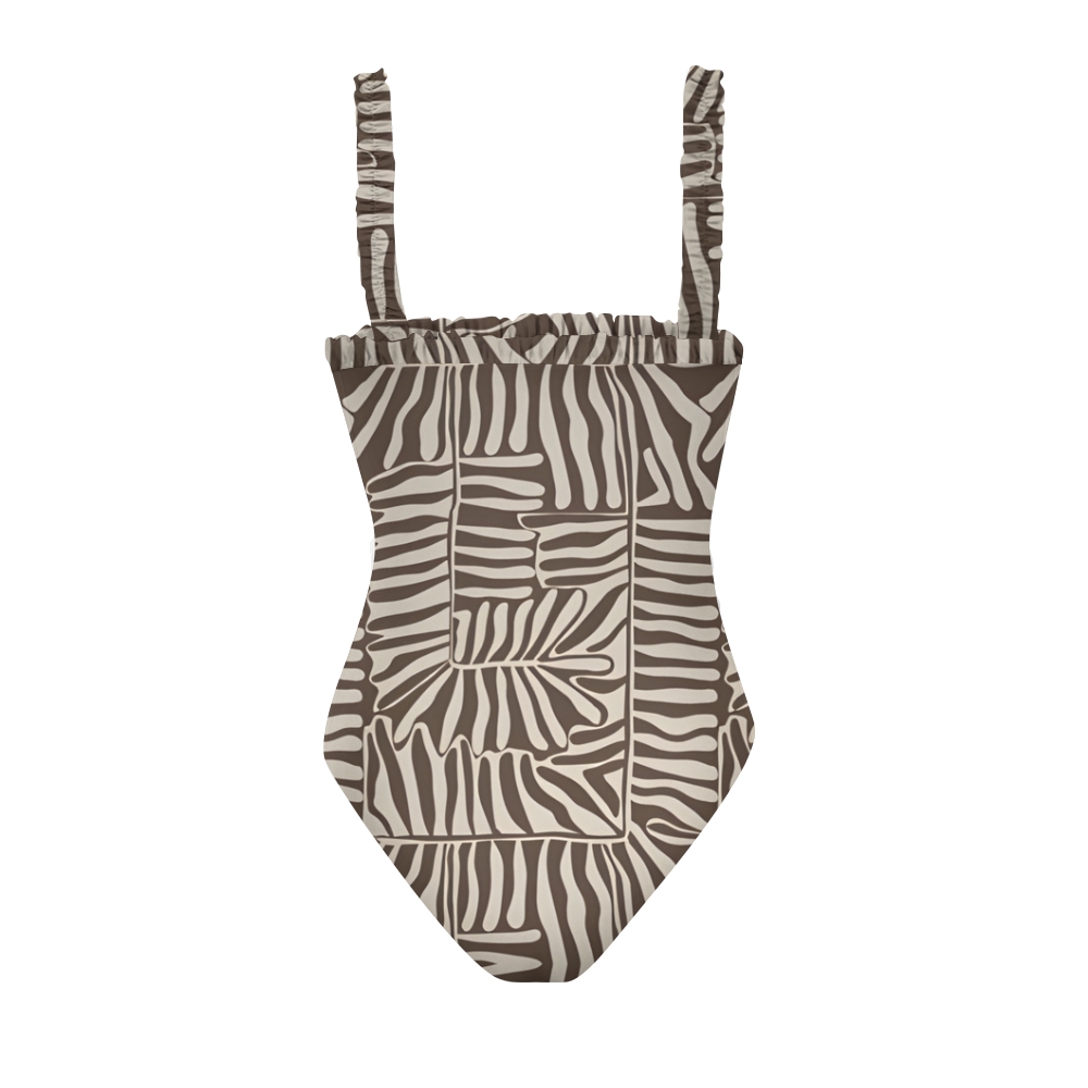 Women's Chocolate Checkerboard Palm Print One-Piece Swimsuit
