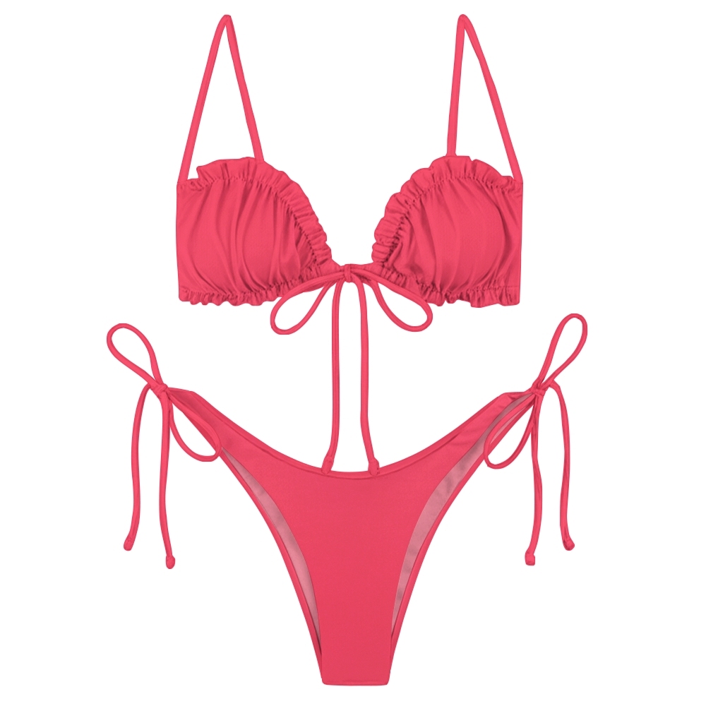 Sexy Two Piece Bikini with Solid Color Triangle Top and Adjustable Tie Bottoms