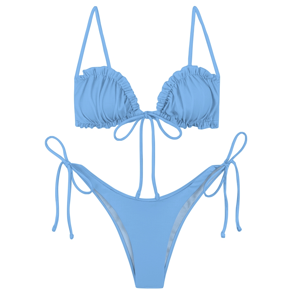 Sexy Two Piece Bikini with Solid Color Triangle Top and Adjustable Tie Bottoms