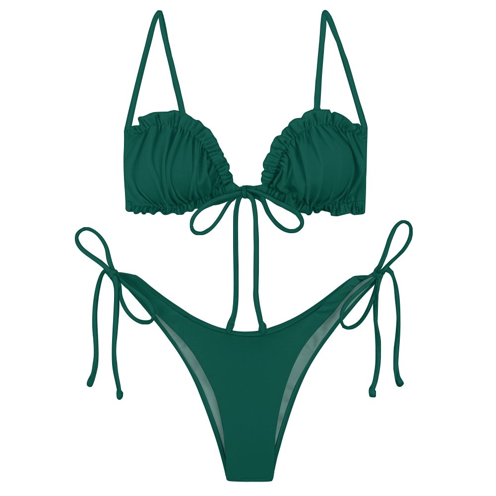 Sexy Two Piece Bikini with Solid Color Triangle Top and Adjustable Tie Bottoms