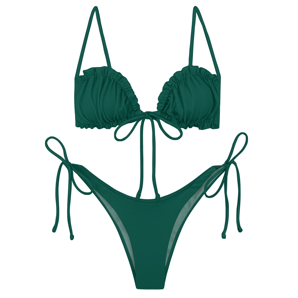 Sexy Two Piece Bikini with Solid Color Triangle Top and Adjustable Tie Bottoms