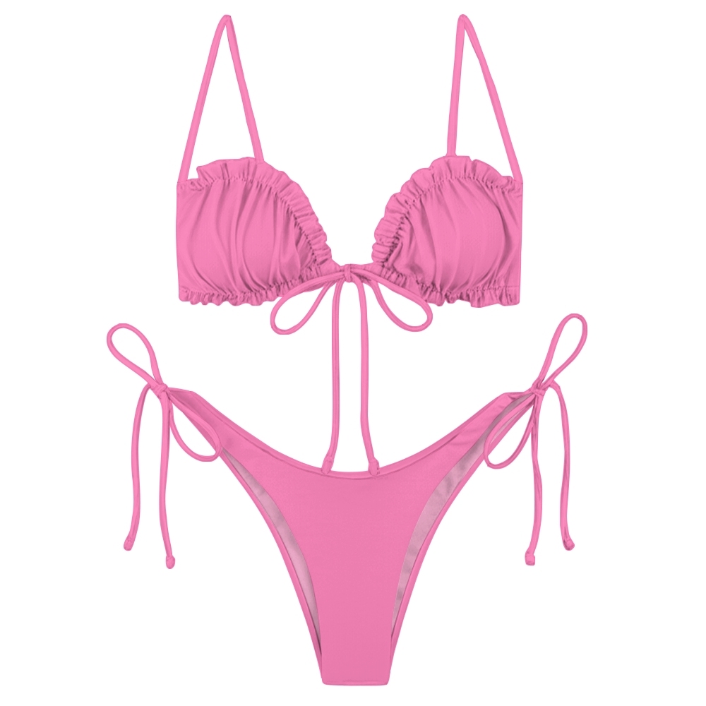 Sexy Two Piece Bikini with Solid Color Triangle Top and Adjustable Tie Bottoms