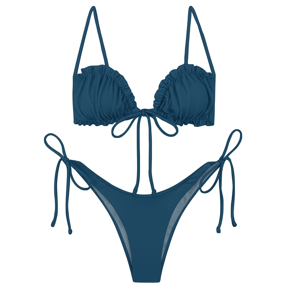 Sexy Two Piece Bikini with Solid Color Triangle Top and Adjustable Tie Bottoms