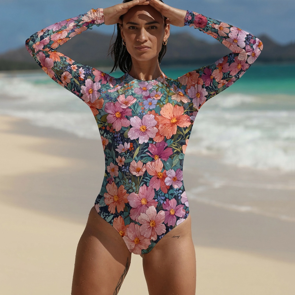 Women's Tropical Bloom Long-Sleeve One-Piece Swimsuit