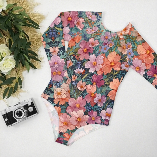 Women's Tropical Bloom Long-Sleeve One-Piece Swimsuit