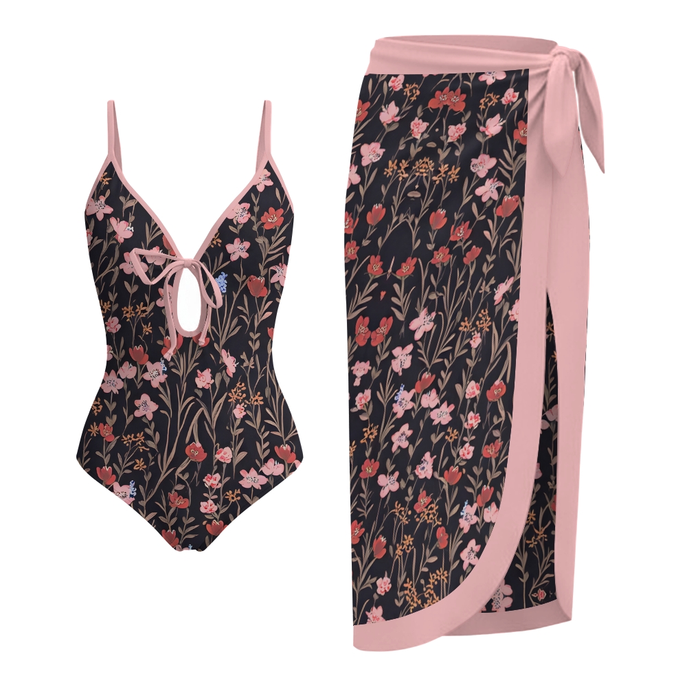 Women's Floral Print One-Piece Swimsuit with Skirt