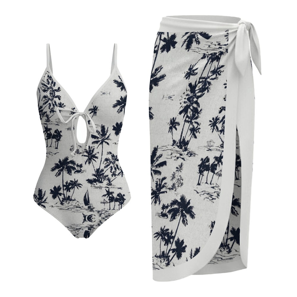 Women's Tropical Beach and Boats One-Piece Swimsuit with Skirt