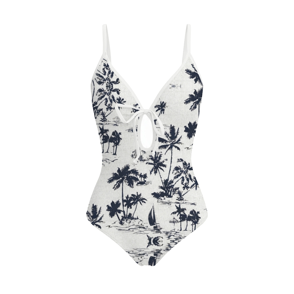 Women's Tropical Beach and Boats One-Piece Swimsuit with Skirt